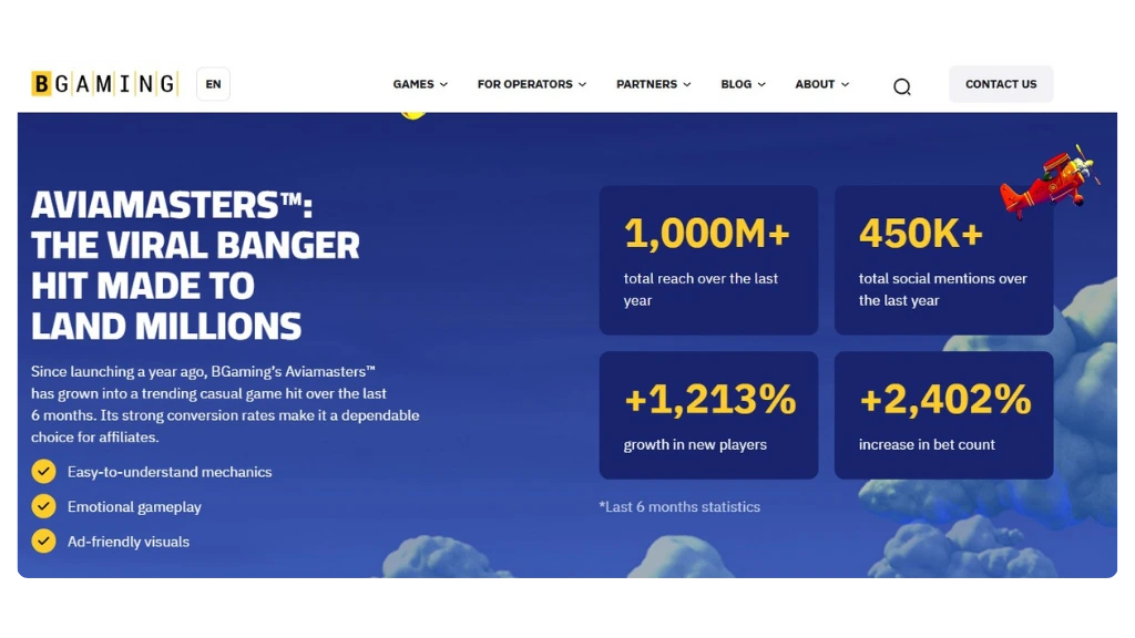 Gemini said
An official promotional image from the BGaming website showcasing the Avia Masters game page. The layout features the game's vibrant header with the red aircraft mascot, a "Play Demo" and "Play for Real" button, and a dedicated section highlighting its 97% RTP and Provably Fair certification seal. The background includes technical specifications and a brief "About the Game" description, establishing the title's legitimacy within the iGaming industry.