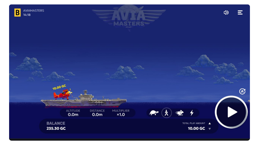 A screenshot of the Avia Masters game interface featuring a red plane flying over the ocean between two aircraft carriers. The screen displays various floating multiplier icons like 2x and 5x, along with a betting control panel at the bottom and a trajectory line showing the plane's current flight path.