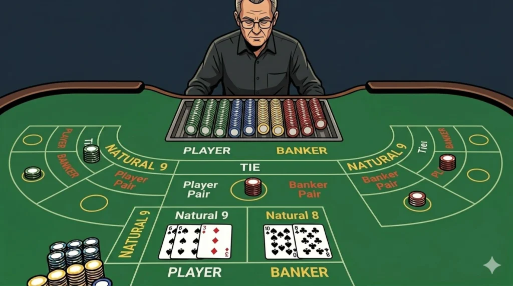 An overhead view of a baccarat game in progress showing the Banker and Player hands, illustrating essential baccarat tips for winning.