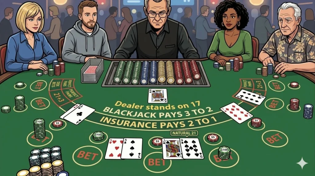 A detailed illustration of people sitting around a blackjack table, with a dealer dealing cards. The image features a modern, clean style with vibrant red and white accents, clearly showing players and the dealer in a classic gaming setup, ideal for a guide focused on blackjack tips.