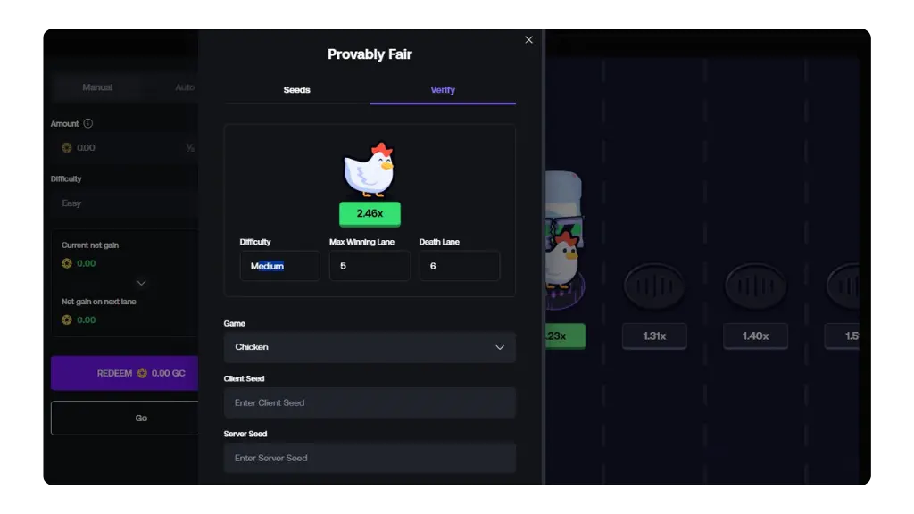 Chicken Road game provably fair system displayed on screen, showing hashed seeds and verification process to ensure transparent and unbiased gameplay results