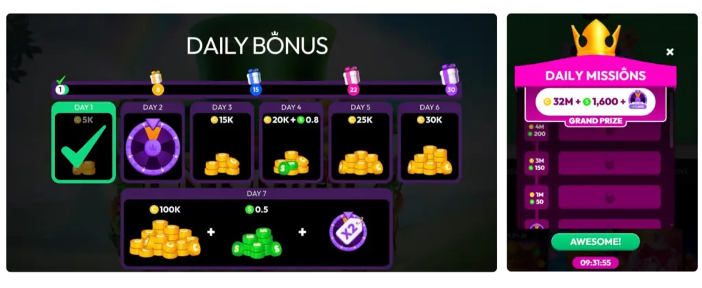 Crown Coins Casino daily bonus and daily missions screen showing free coins and reward tasks for players