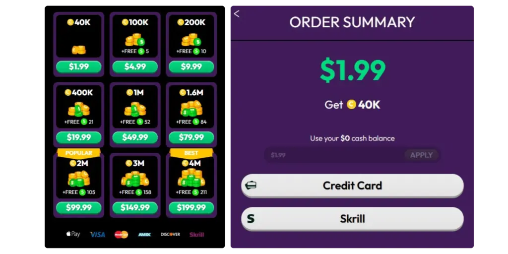 Crown Coins Casino payment methods screen showing credit cards, Apple Pay, and Skrill options for purchasing coins