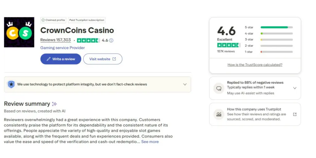 Crown Coins Casino safety and legitimacy showing secure platform details and a 4.6 Trustpilot rating with player reviews