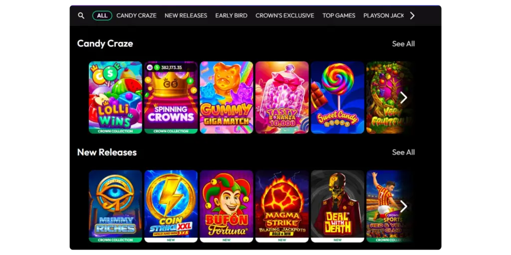 Crown Coins Casino games lobby showing slot titles, bingo-style games, and multiple software providers available to play