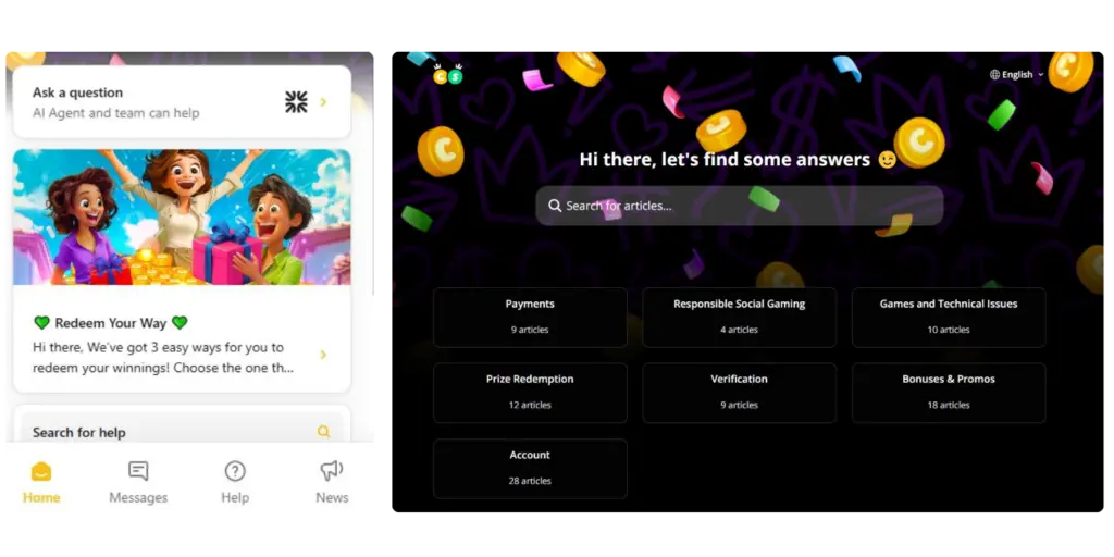 Crown Coins Casino customer support section showing live chat, email, help center, and phone support options