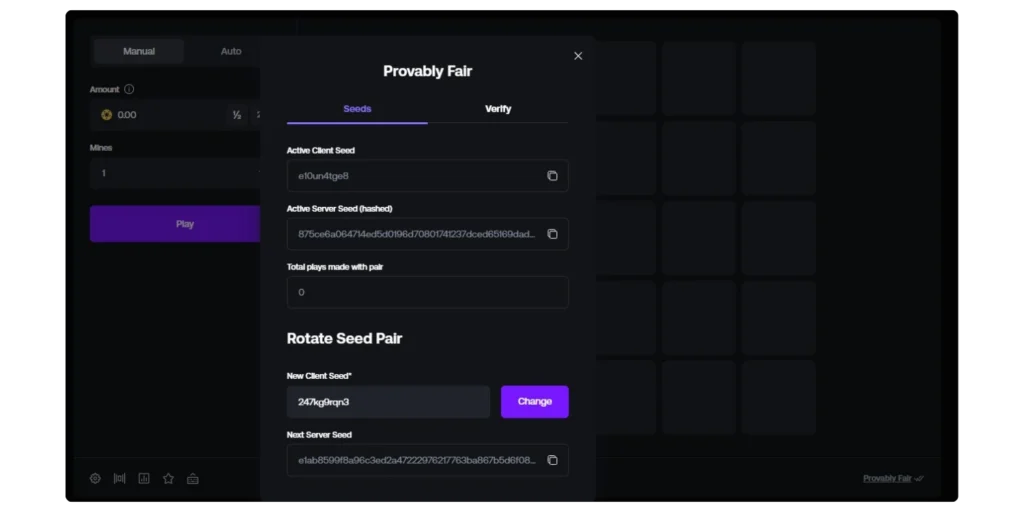 Mines game provably fair system showing seed verification and transparent random outcome generation