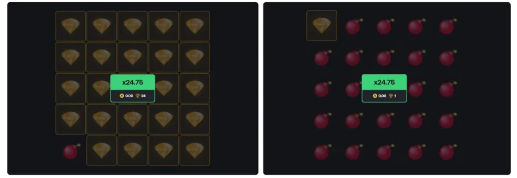 Mines game showing different mine layouts with varying numbers of mines and risk levels on the grid
