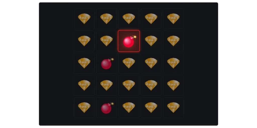 Online mines game in action showing grid with revealed diamonds and increasing payout multiplier