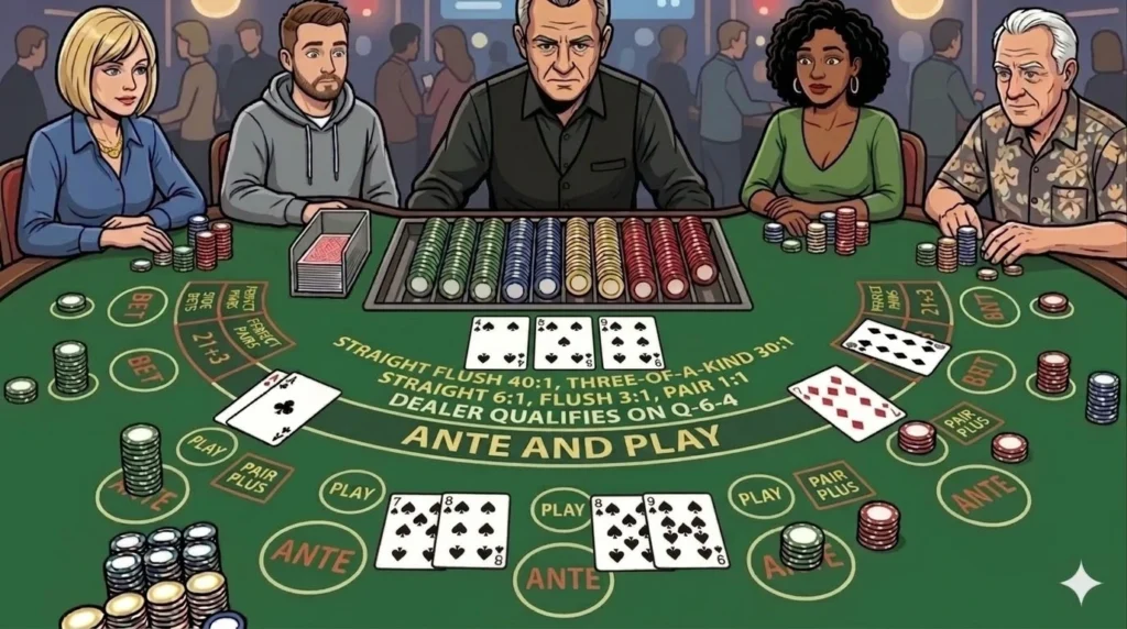 Cartoon-style Three Card Poker TIps table showing a dealer and players with three-card hands, including a straight flush on a green felt layout with Ante, Play, and Pair Plus betting spots.
