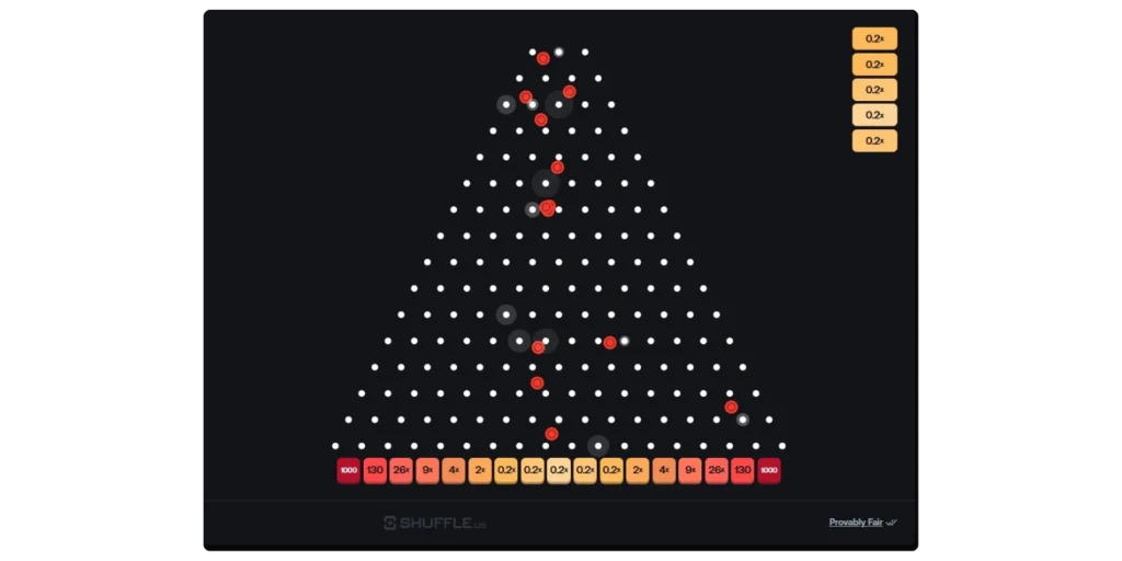 Online plinko balls dropping through a pegboard with bouncing motion and landing on multipliers at the bottom of the game board