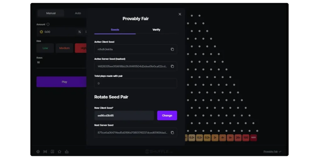 Online plinko provably fair settings screen displaying seed values, verification options, and fairness controls within the game interface
