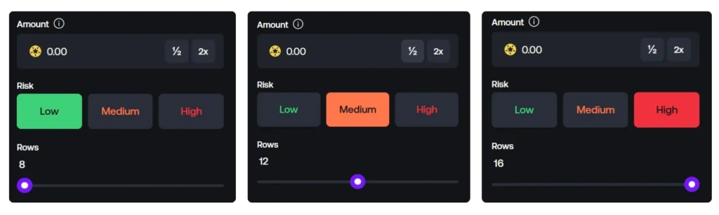 Online plinko interface showing risk level settings with low, medium, and high options selected on the game controls