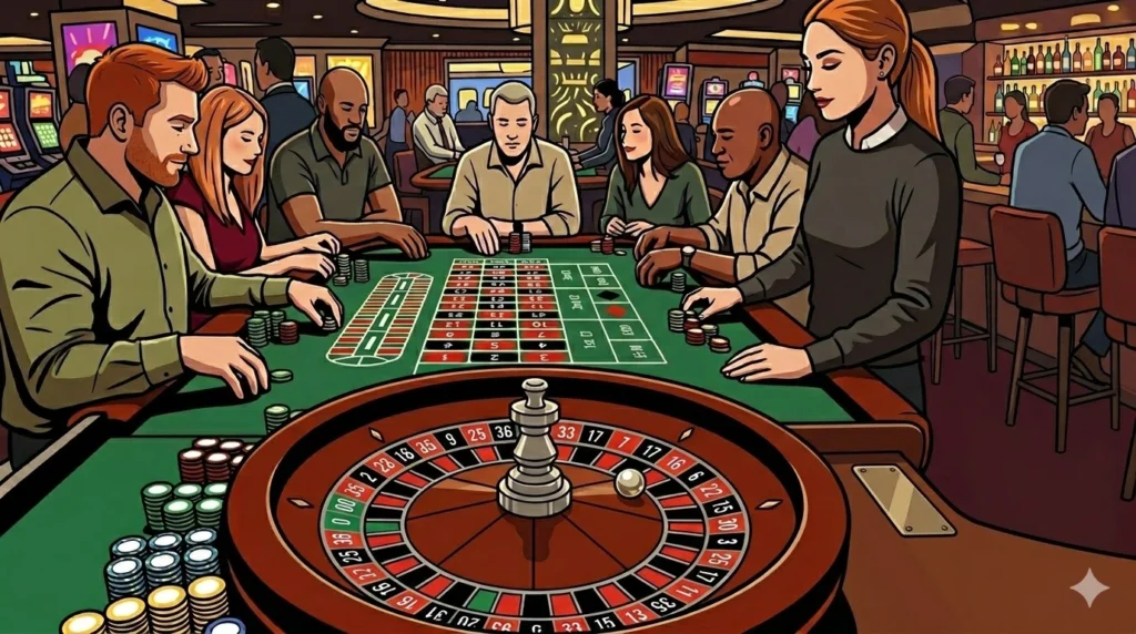 People gathered around a casino table playing roulette, placing bets and watching the spinning wheel, illustrating real-life gameplay and strategy often associated with roulette tips