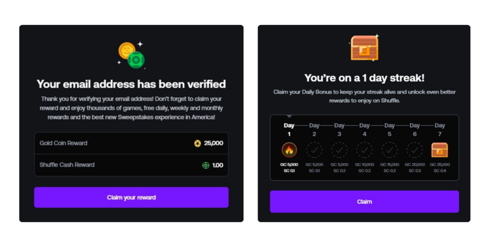 Shuffle Us promo and bonus screen showing 25,000 Gold Coins welcome offer, 1 Shuffle Cash signup reward, and 7-day daily bonus streak rewards layout