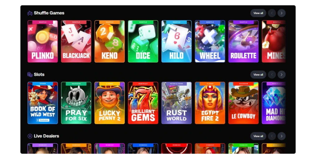 Shuffle.us games lobby showing a wide selection of slots, original games like Plinko and Keno, and live dealer options in a clean interface