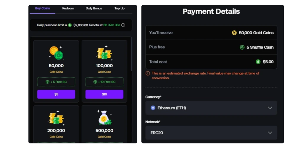 Shuffle.us payment methods screen showing crypto options like Bitcoin and Ethereum, plus card payments via Coinflow with Gold Coin package selections
