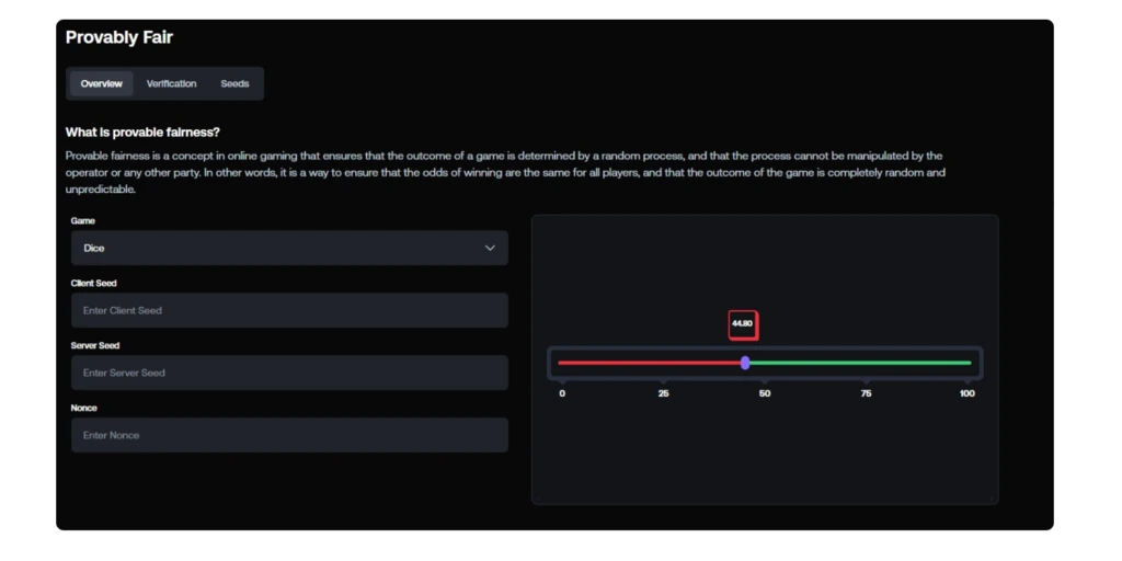 Shuffle.us provably fair system screen showing game verification tools, seed values, and transparency features for checking fair results
