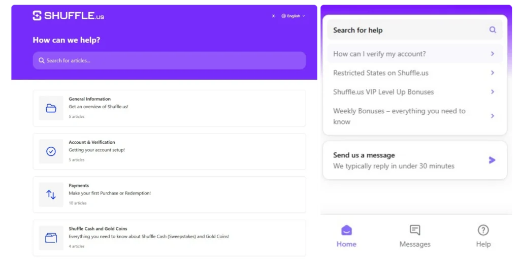 Shuffle.us customer support page showing live chat window, help center articles, and contact options for quick assistance
