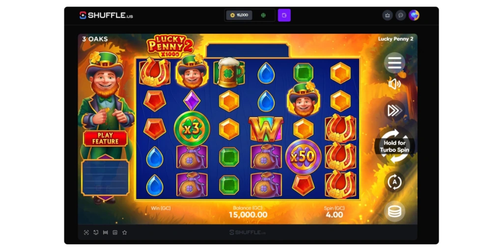 Shuffle.us Lucky Penny 2 slot interface showing smooth gameplay, clean design, spin controls, and coin balance display in a user-friendly layout
