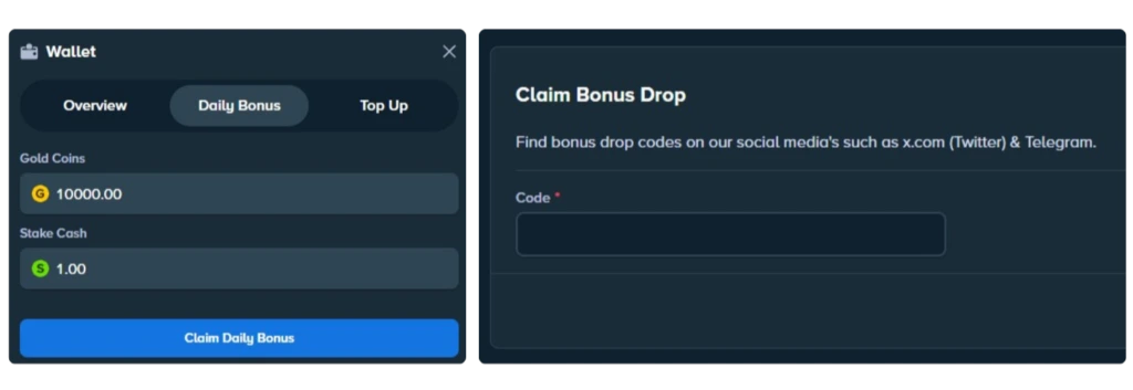 Infographic showing the three main ways to get free coins on Stake us: the sign-up bonus, the 24-hour daily login reward, and the weekly VIP boosts.