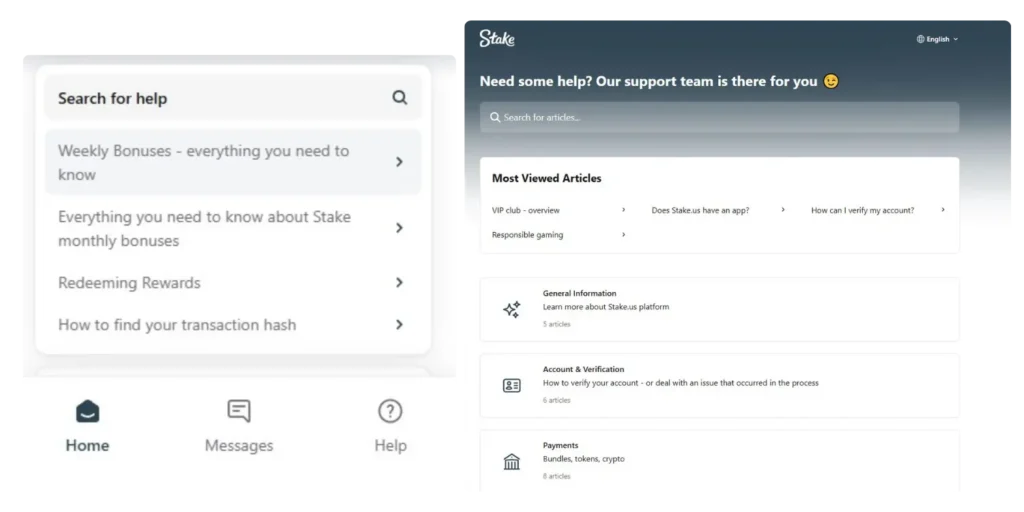A professional graphic detailing the customer support channels for Stake.us in 2026. The image features a large '24/7 Live Chat' icon with a headset, an 'Email Support' button pointing to support@stake.us, and a direct link to the Help Center library. A small checkmark indicates 'Fast Response Times' and 'Human-Led Assistance' on a sleek dark-mode background.