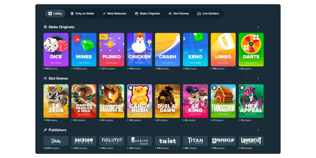 A vibrant banner graphic showcasing the 3,000+ title game library on Stake.us in 2026. The image features a grid of colorful slot thumbnails from Pragmatic Play and Hacksaw Gaming, a central screenshot of the popular Stake Originals Plinko game board, and a live dealer section preview with a dealer at a roulette table.