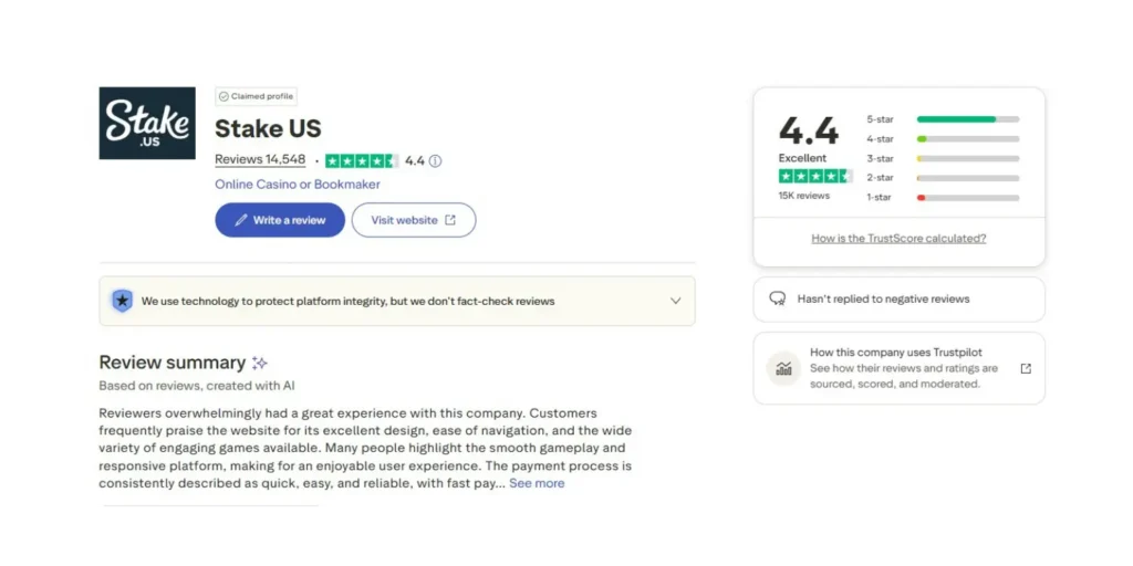 Screenshot of the official Stake.us Trustpilot profile page in 2026 showing an 'Excellent' 4.4 out of 5-star rating. The image displays over 14,000 verified player reviews and the 'Verified Company' checkmark against a clean, professional background.