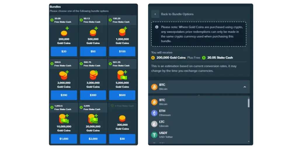 Infographic visualizing Stake.us payment methods in 2026. A large central crypto wallet icon points to symbols for Bitcoin, Ethereum, and Litecoin, with text reading 'INSTANT REDEMPTIONS.' Smaller, separate icons show Visa and Google Pay logos labeled 'EASY PURCHASE VIA 3RD PARTY.