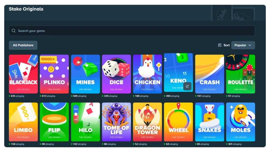 A high-quality screenshot of the Stake.us homepage emphasizing its sleek, minimalist dark-grey and blue color palette. The image highlights the clean organization of game tiles in a vibrant grid, the clear 'GC to SC' currency toggle at the top center, and the intuitive search and filter tools that make finding games like Plinko and Blackjack effortless.