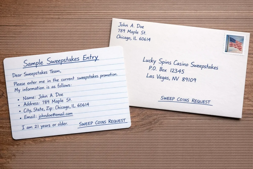 Mail in sweepstakes 2026 sample handwritten letter on index card with envelope showing how to write and submit entries to sweepstakes casinos